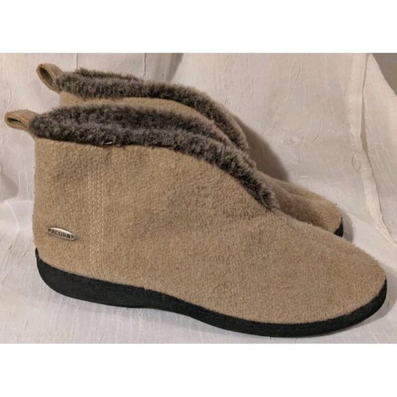 Acorn Slippers Booties Wool Faux Fur Lined Brown Tan Winter Cozy Womens Sz 8-9 - Picture 14 of 14